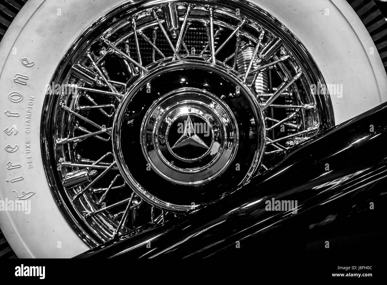 Spare wheel of Mercedes-Benz 770K (W150), 1931. Black and white. Europe's greatest classic car exhibition 'RETRO CLASSICS' Stock Photo