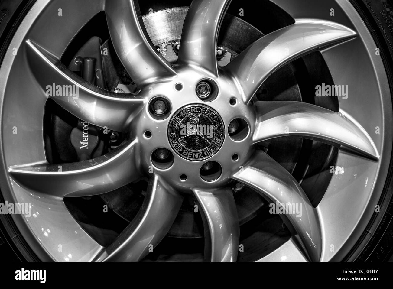 STUTTGART, GERMANY - MARCH 04, 2017: Wheel and brake system of Mercedes-Benz SLR McLaren. Black and white. Europe's greatest classic car exhibition "R Stock Photo