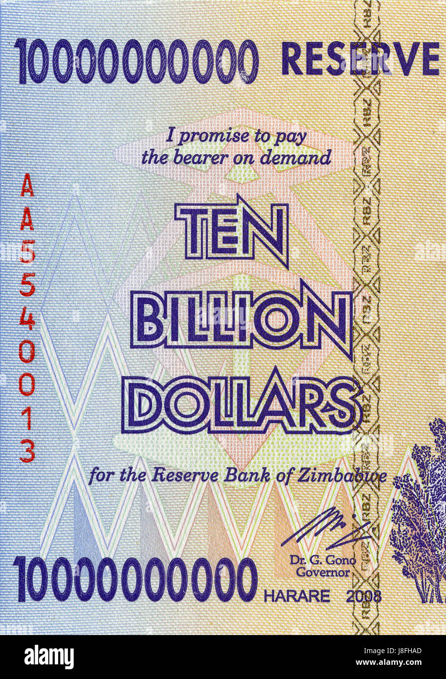 Part of expired Zimbabwean bill of ten billion dollars Stock Photo