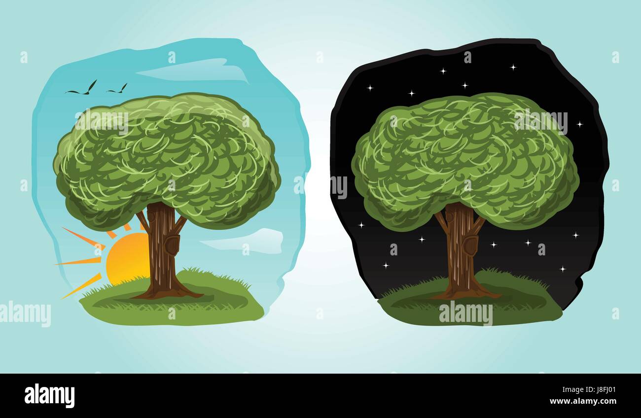 playful cartoon tree illustration with 2 different time : day, night . Stock Vector