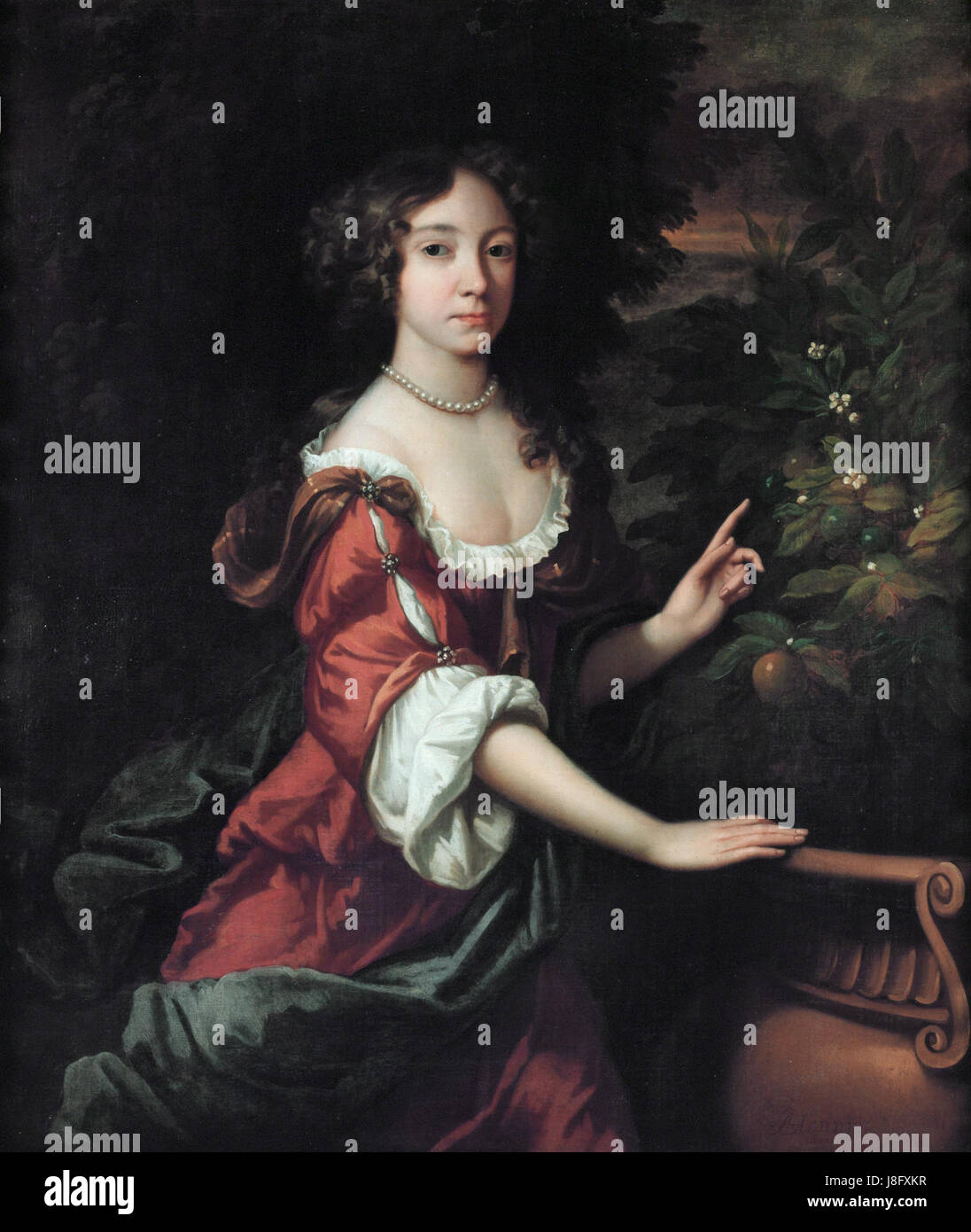 The portrait of Mary II Stuart, painted by Adriaen de Hennin, showcases the British queen's likeness in the late 17th century. Mary II ruled as queen consort alongside her husband William III during the Glorious Revolution. Stock Photo