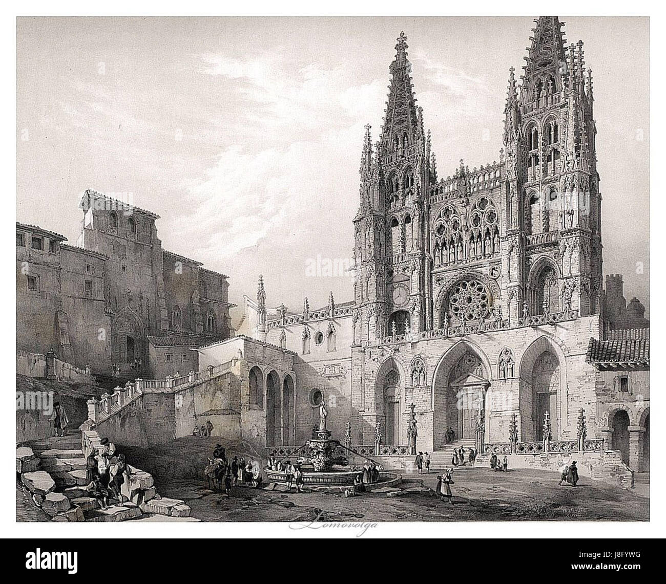 Main facade Cathedral of Burgos 1850 Villaamil Stock Photo