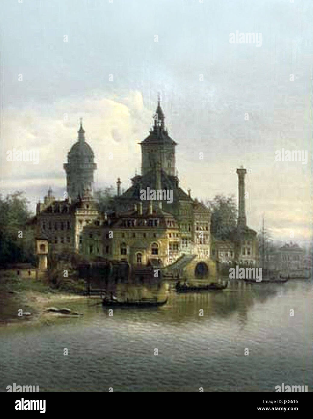 Johann Wilhelm Jankowski   Flussszene mit Kirche Stock Photo