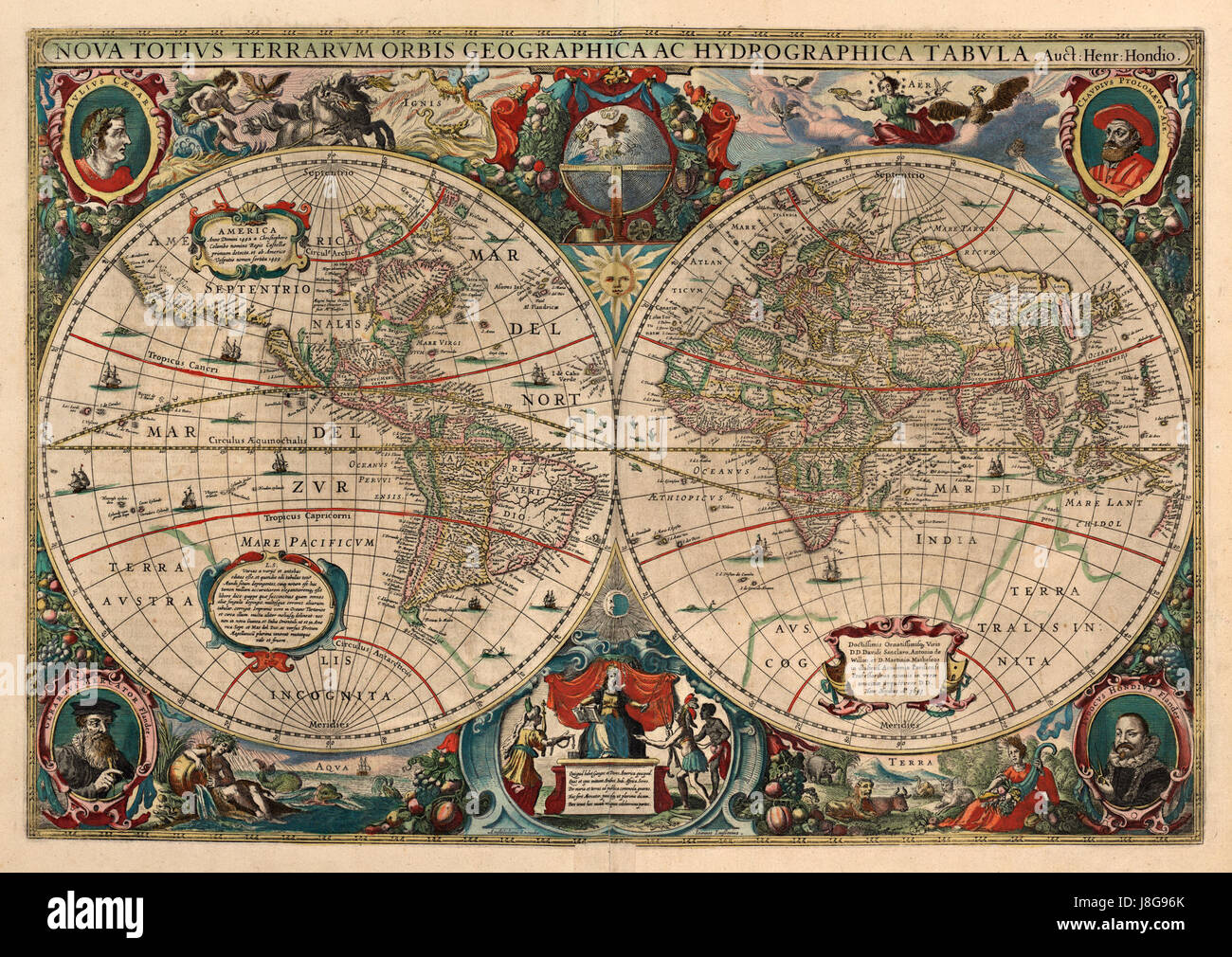 Hendrik Hondius, Nova Totius Terrarum orbis Geographica ac Hydrographica Tabula 1641 Stock Photo