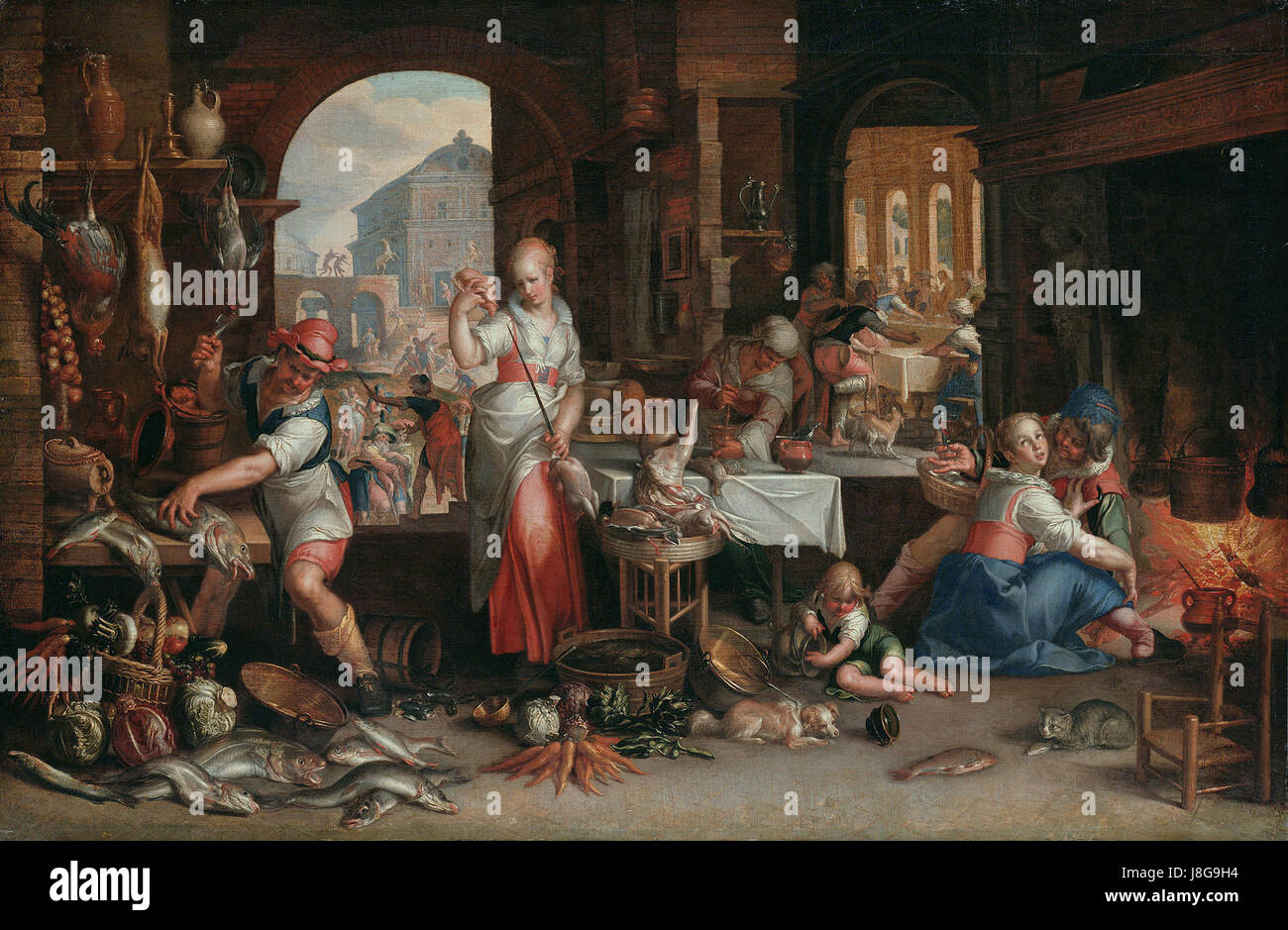 Kitchen interior with the parable of the great supper, by Joachim Wtewael Stock Photo