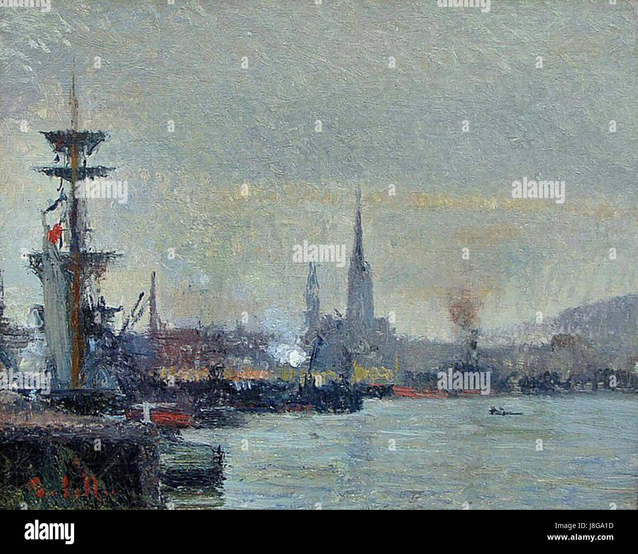 Joseph Delattreâ€™s work likely depicts the Port de Rouen, a major French port. The painting or record emphasizes the importance of the port in trade and maritime history. Stock Photo