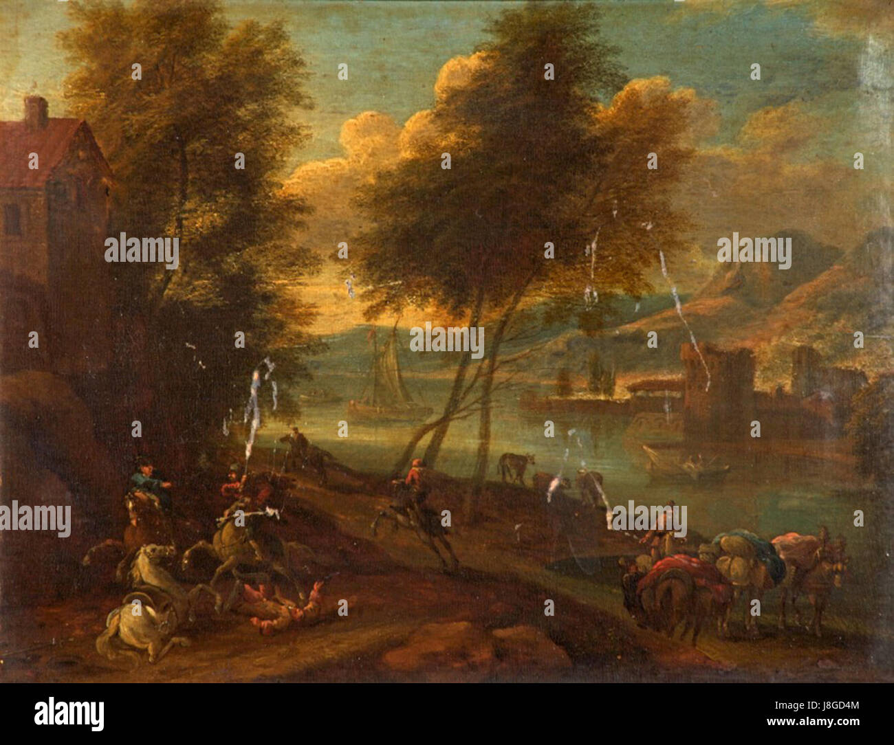 A painting by Jan Frans van Bredael depicting a cavalry skirmish. The artwork illustrates the intensity and movement of the cavalry in battle, reflecting Bredaelâ€™s expertise in capturing military scenes. Stock Photo