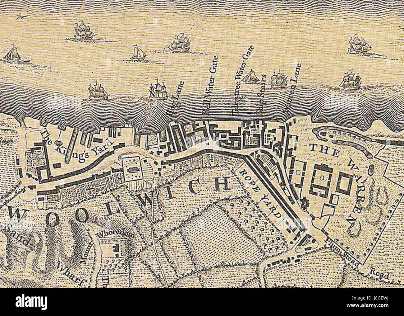 Map of Woolwich, 1740s (cropped Stock Photo Alamy