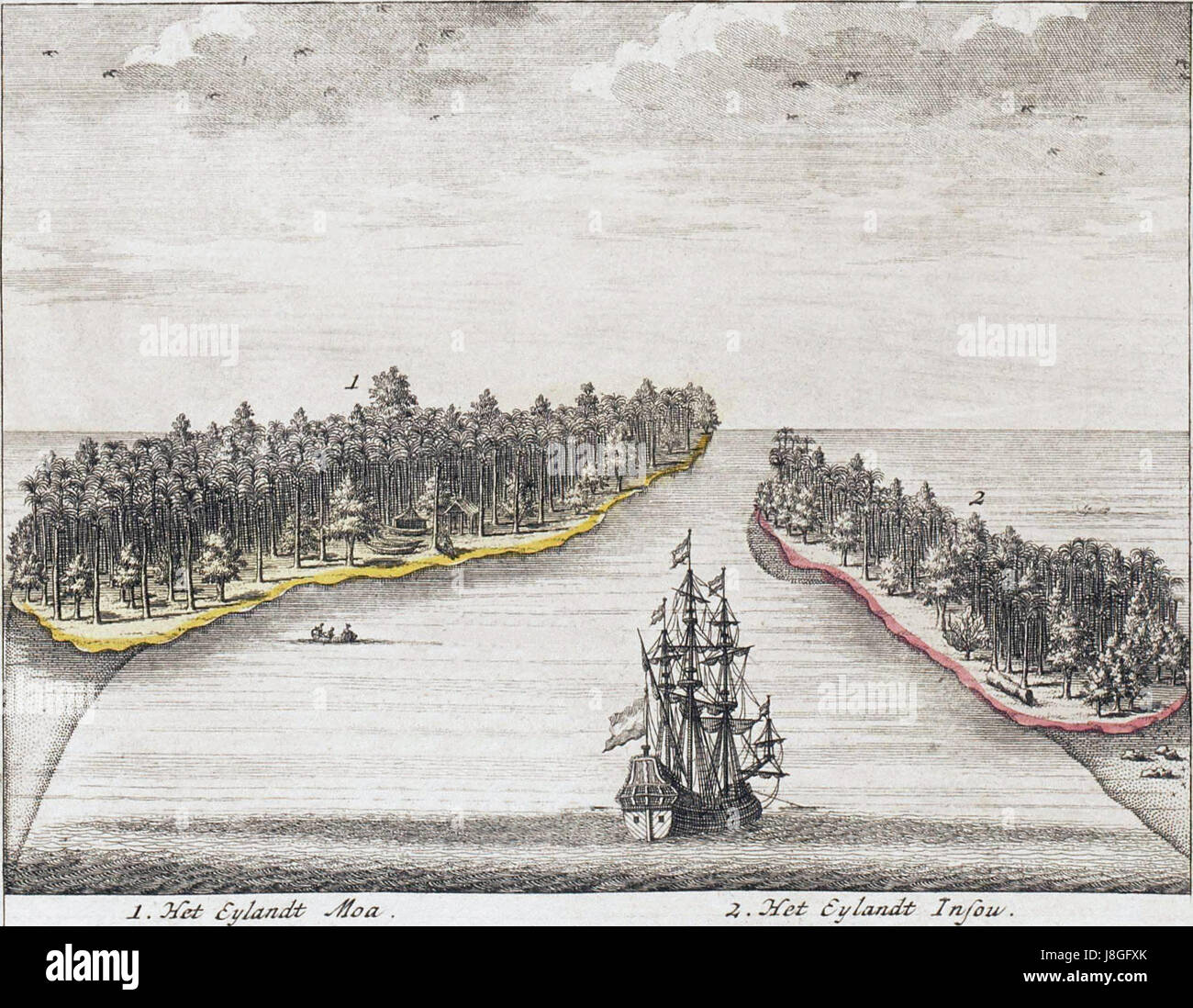 Het eiland Moa en Insou Nieuw Guinea after a print from 1726 Van Keulen Stock Photo