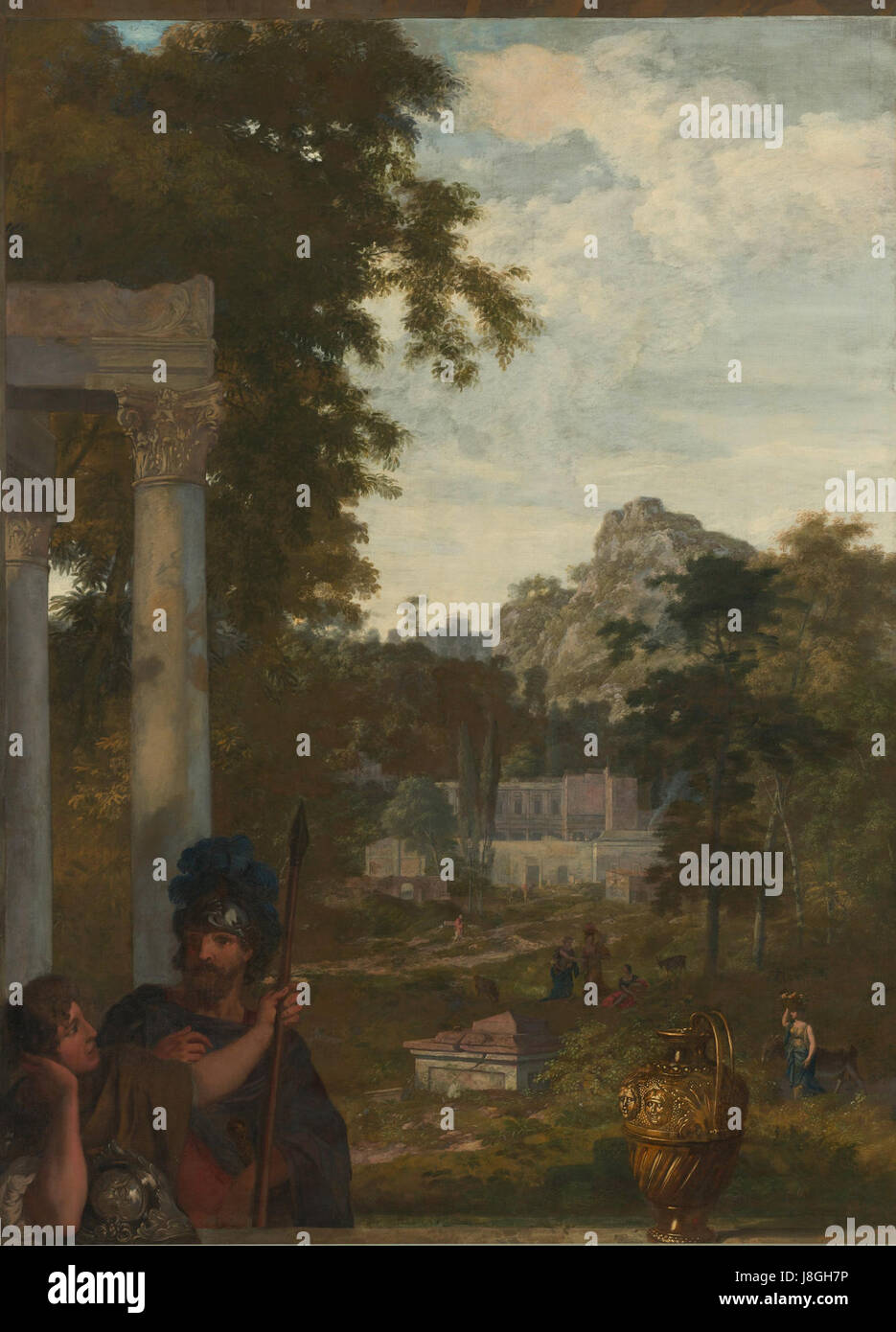 'Italiaans landschap met twee Romeinse soldaten' is a painting housed at the Rijksmuseum (SK A 4215) that portrays an Italian landscape featuring two Roman soldiers. The scene emphasizes classical elements, with soldiers depicted against a natural backdrop, reflecting the historical connection between Roman culture and the Italian landscape. It captures both the natural environment and the military presence of the time. Stock Photo