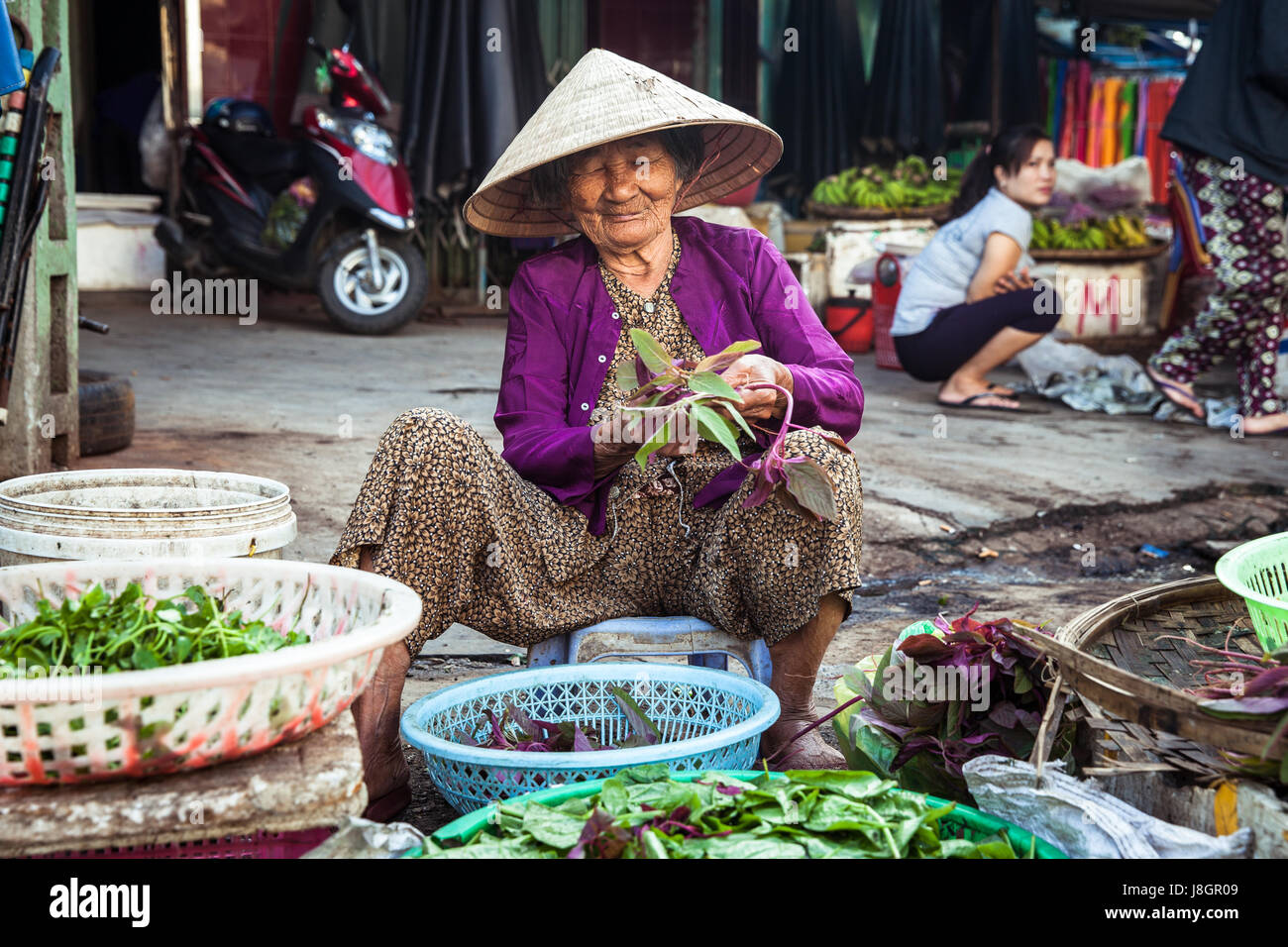 Nha Trang, Vietnam - December 02, 2015: Old vietnamese woman is cutting greens at the street market, Nha Trang, Vietnam on December 02, 2015. Stock Photo