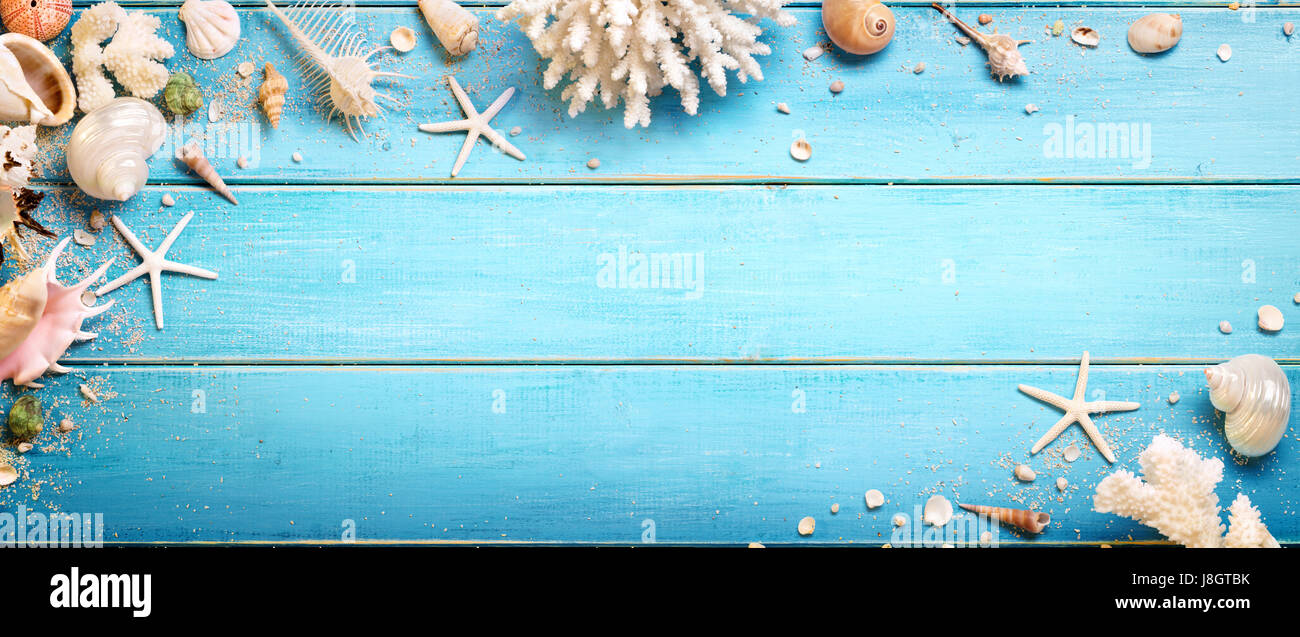 Seashells On Blue Wooden Background Beach Concept Stock Photo Alamy