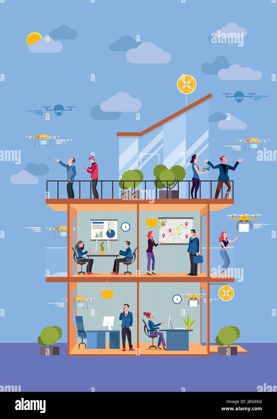 A Delivery Drone Company, Delivering And receiving Packages  by Flying Drones. The workers send packages to different destinations by drones. Stock Vector