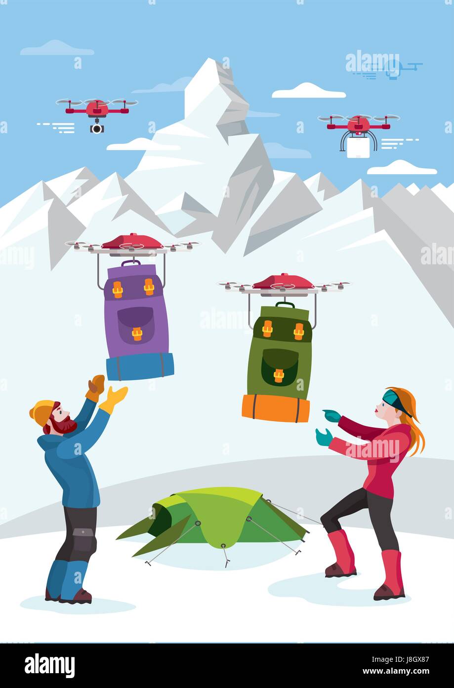 Climbers Receive Backpacks by Drones. Another drone is prepared to film their climb. Stock Vector