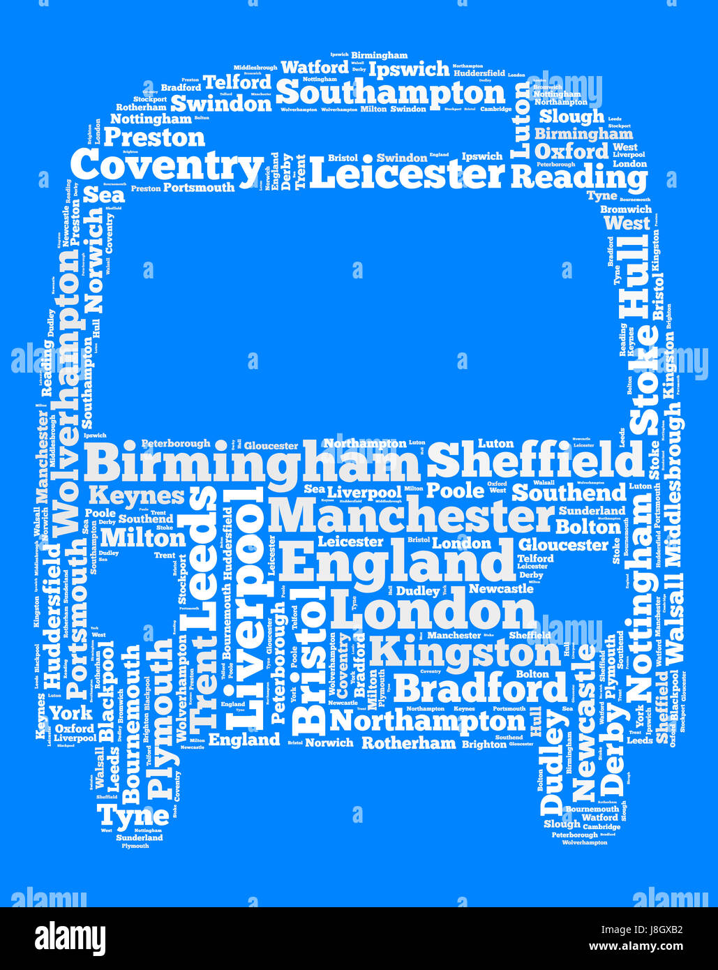Localities in England word cloud concept over bus shape Stock Photo - Alamy