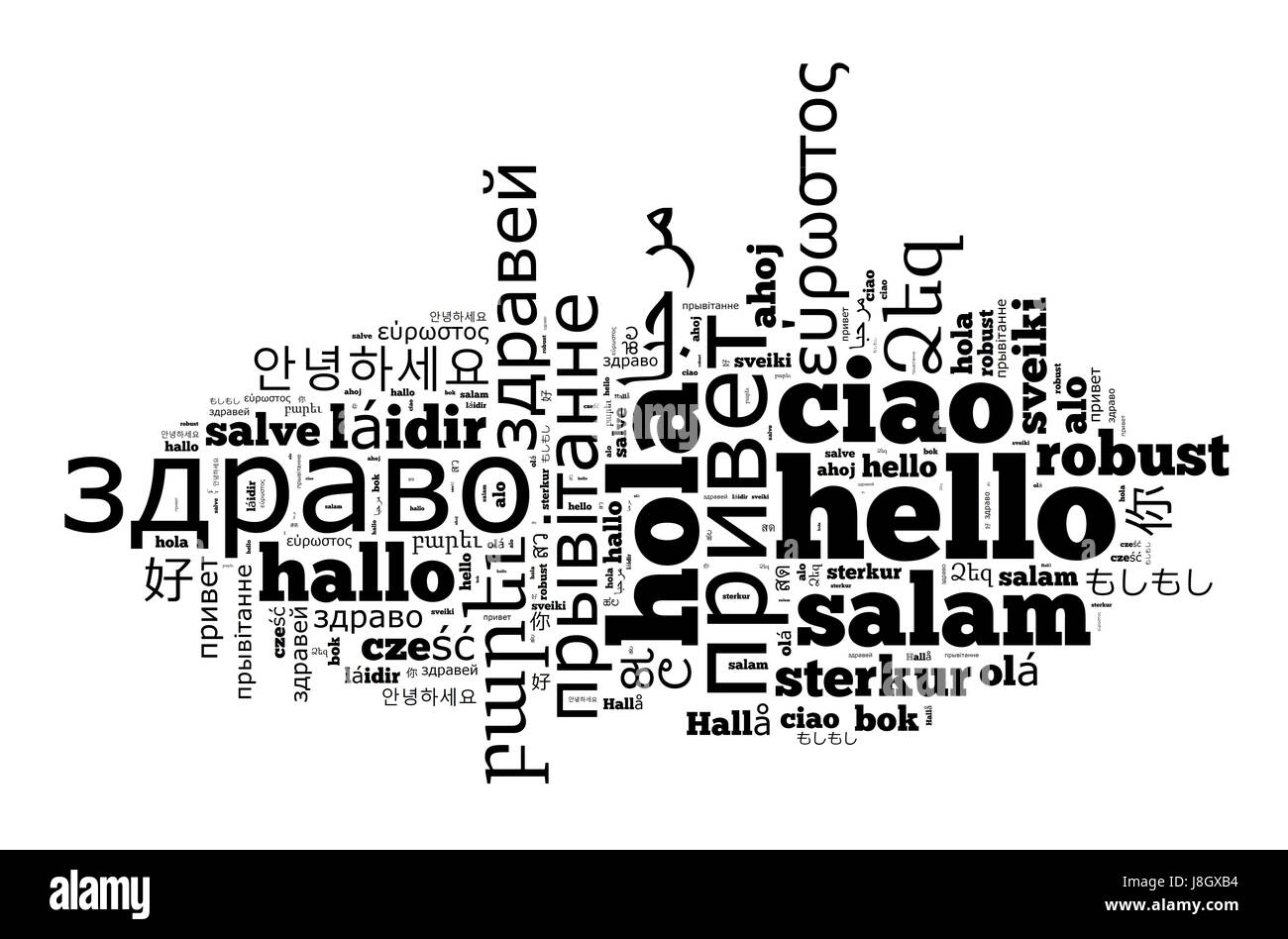 Word Hello in different languages word cloud concept over white background Stock Photo