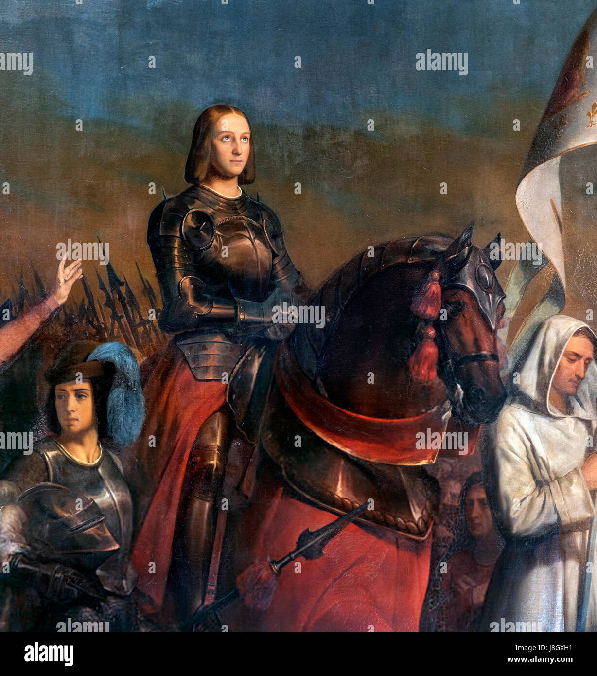 Joan of Arc (Jeanne d'Arc: c.1412-1431). Detail from a painting entitled Joan of Arc entering Orleans (Levee du siege d'Orleans) by Hendrik Scheffer, oil on canvas, 1843 Stock Photo