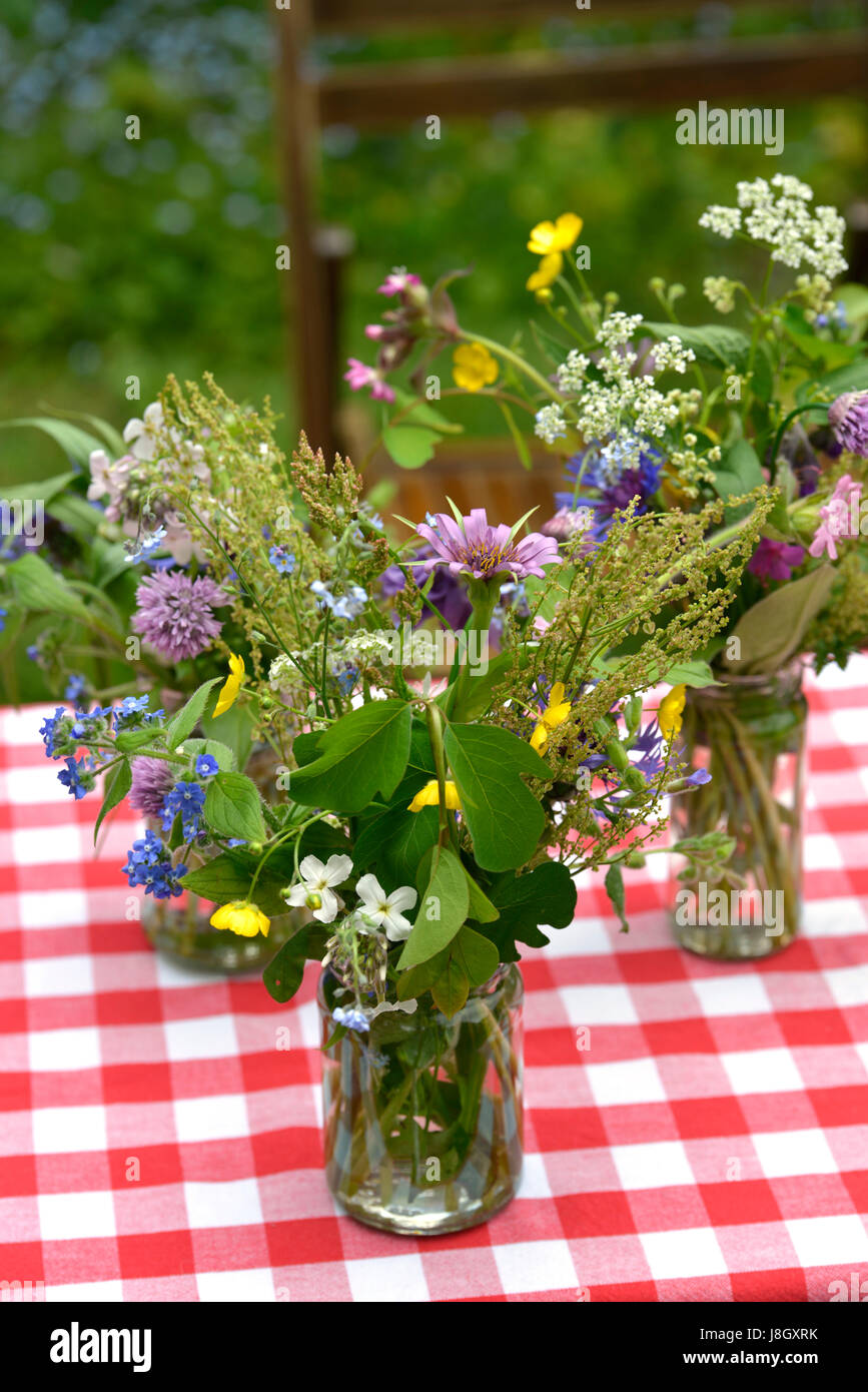 Three cute little summer bouquets in glass jars on top of a red and white table cloth Stock Photo