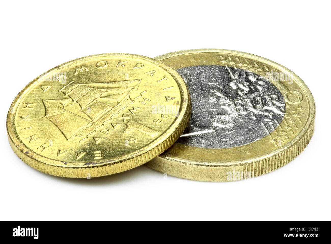 1 European Euro and 1 Greek Drachma isolated on white background Stock Photo