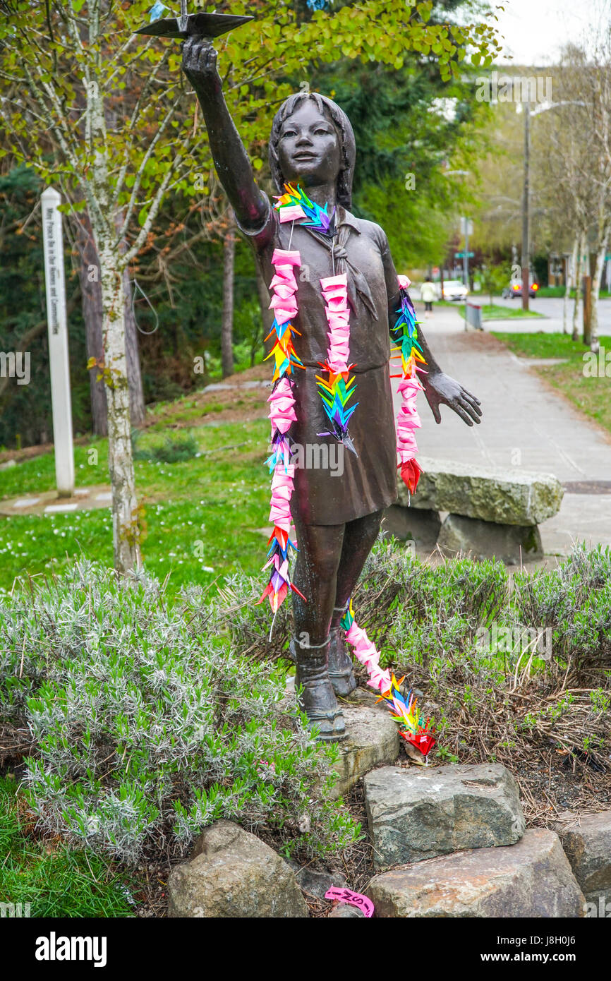 Seattle Peace Park with statue of Sadako Sasaki - SEATTLE / WASHINGTON - APRIL 11, 2017 Stock Photo