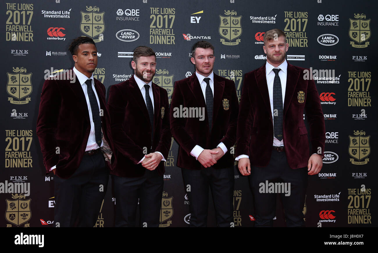 Anthony Watson (left), Elliot Daly, Peter O'Mahoney and Ross Moriarty during the arrivals for the British and Irish Lions farewell dinner at The Roundhouse, Camden, London. Stock Photo