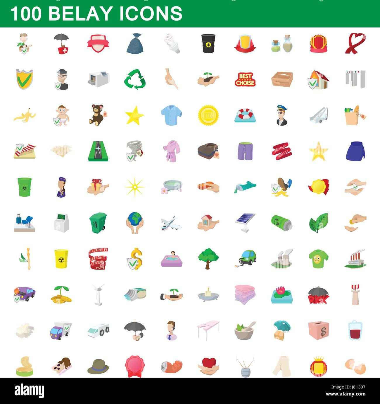 100 belay icons set, cartoon style Stock Vector