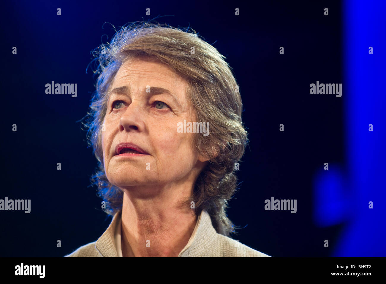 Charlotte Rampling actor talking about her acting career & writing at Hay Festival of Literature and the Arts 2017 Hay-on-Wye Powys Wales UK Stock Photo