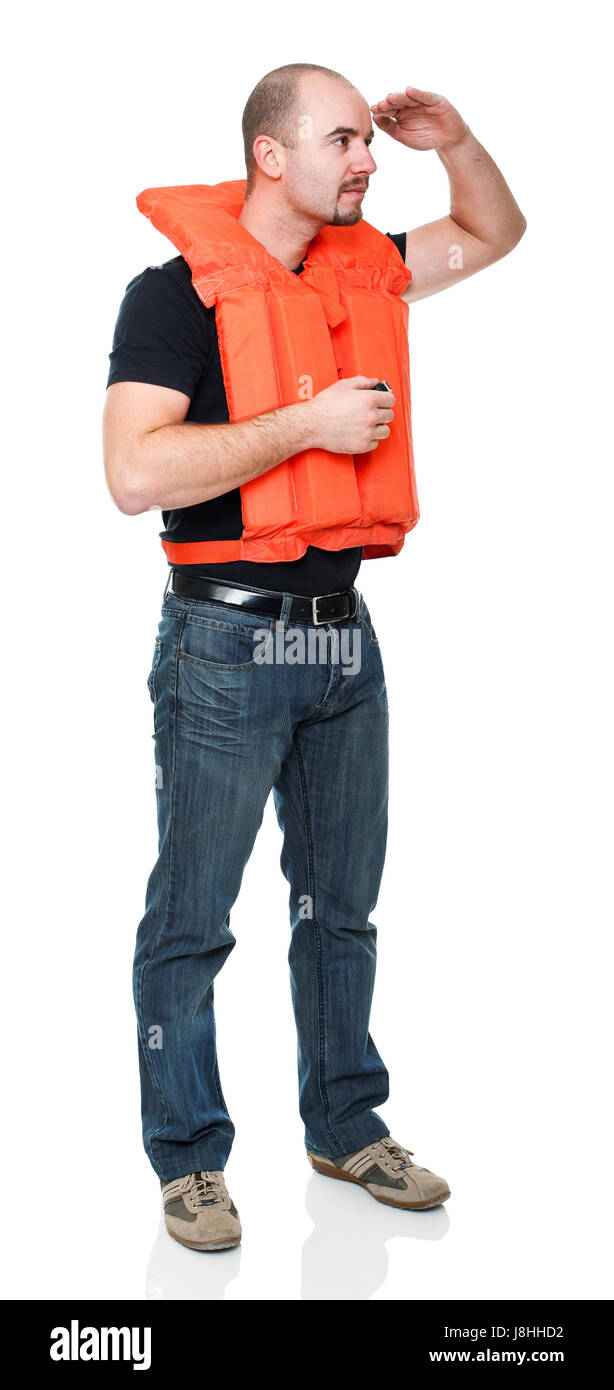standing, vest, flotation, device, security, safety, man, safe