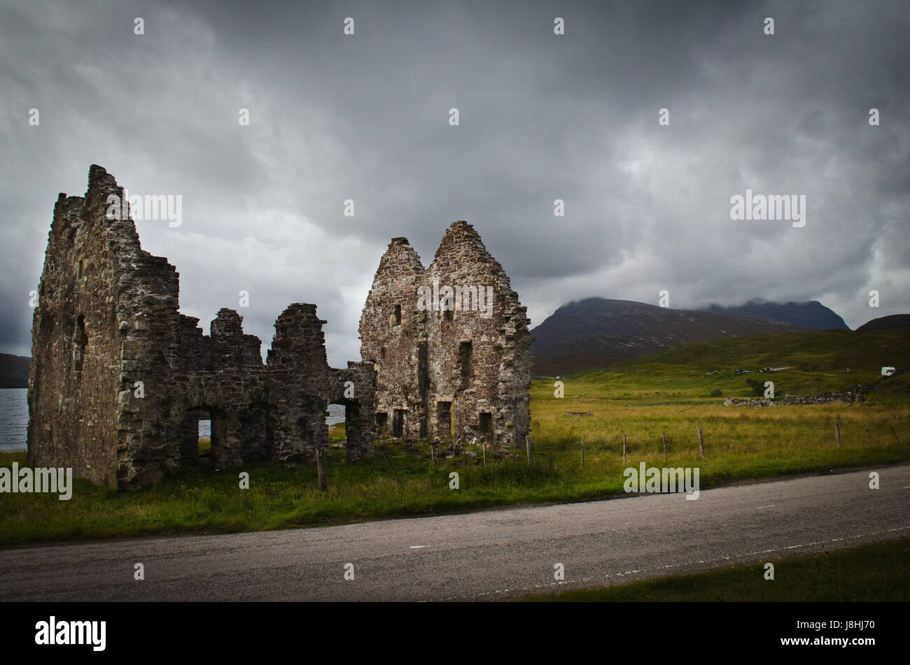 ruin, scotland, britain, hill, mountains, green, europe, asphalt, ruin, Stock Photo