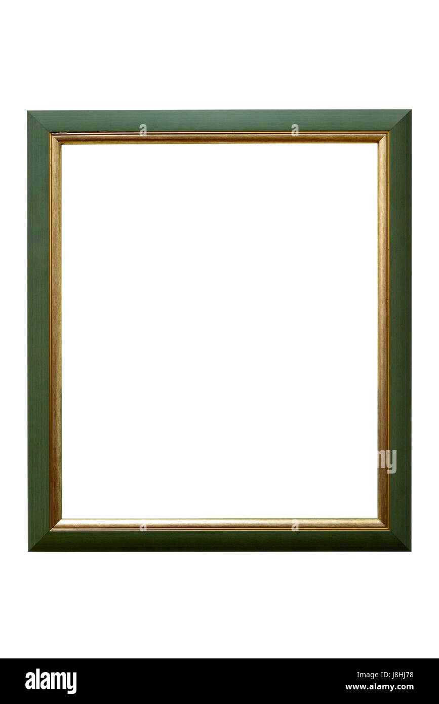 Green wooden picture frame with golden decorations isolated on white background with clipping path Stock Photo
