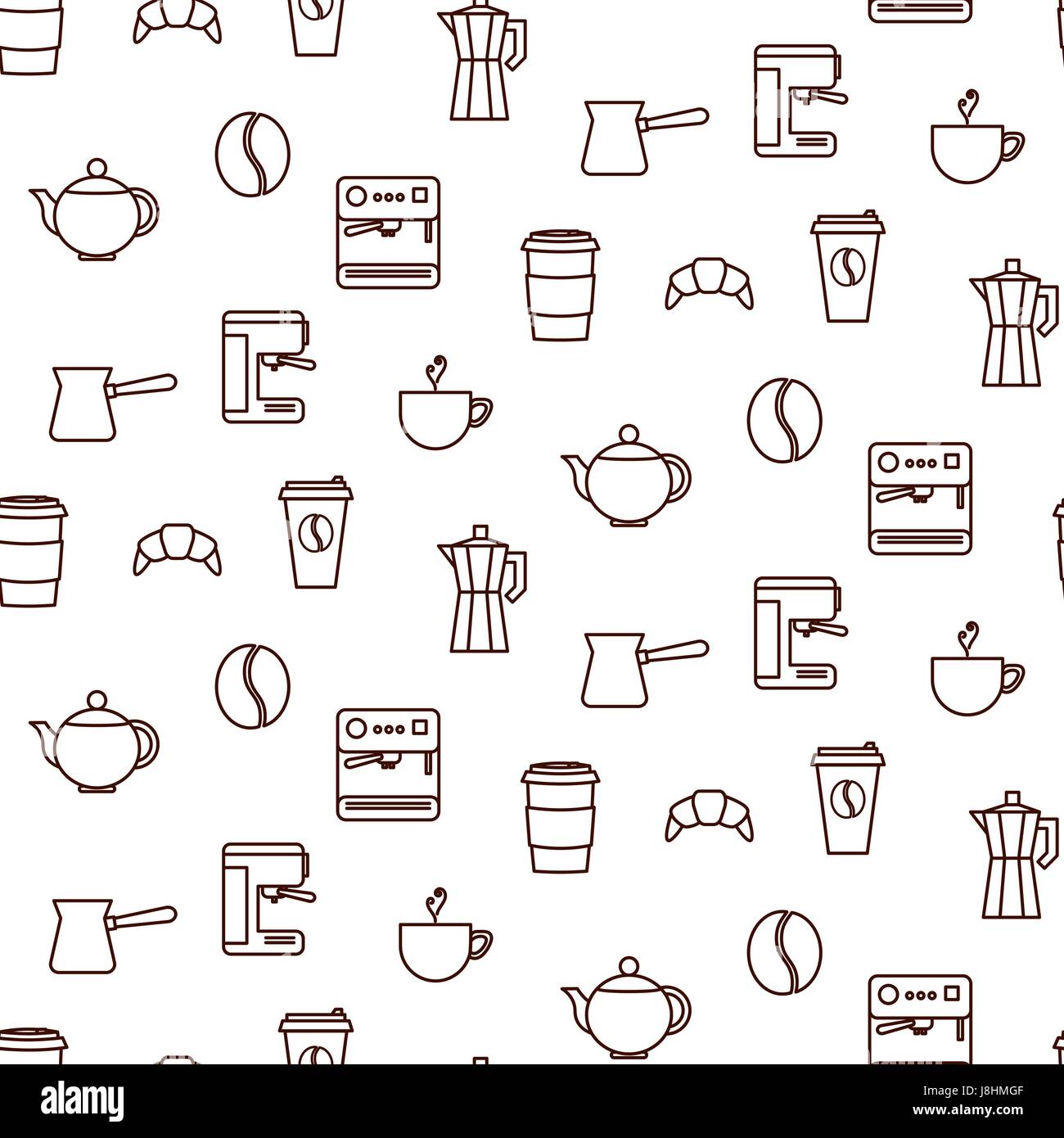 Coffee line icons seamless white vector pattern. Espresso shop tools background. Stock Vector