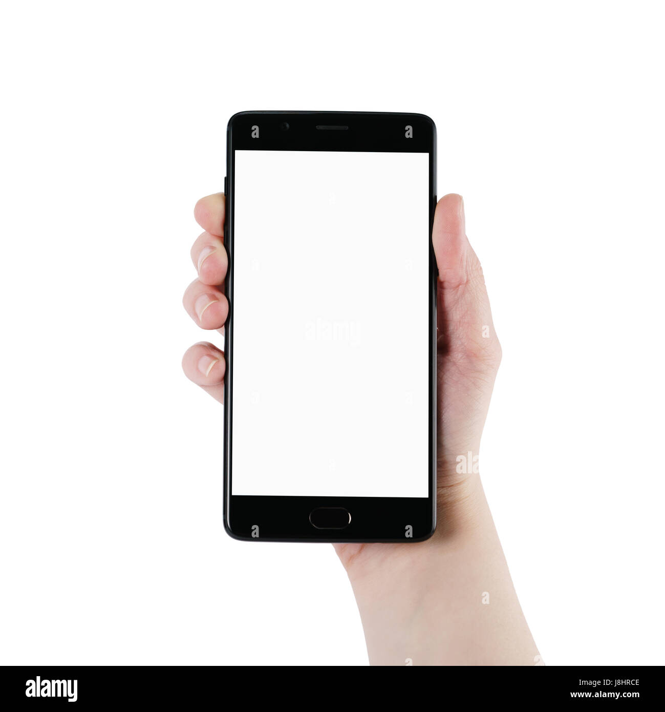 female teen hand holding smartphone with blank screen isolated Stock Photo