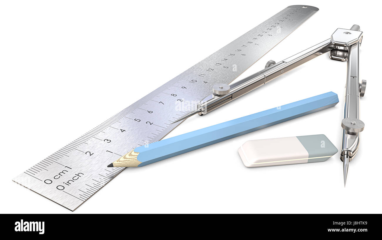 Architectural or Engineering workplace objects. Ruler, Pencil, Eraser and Divider of metal. 3D render. Stock Photo