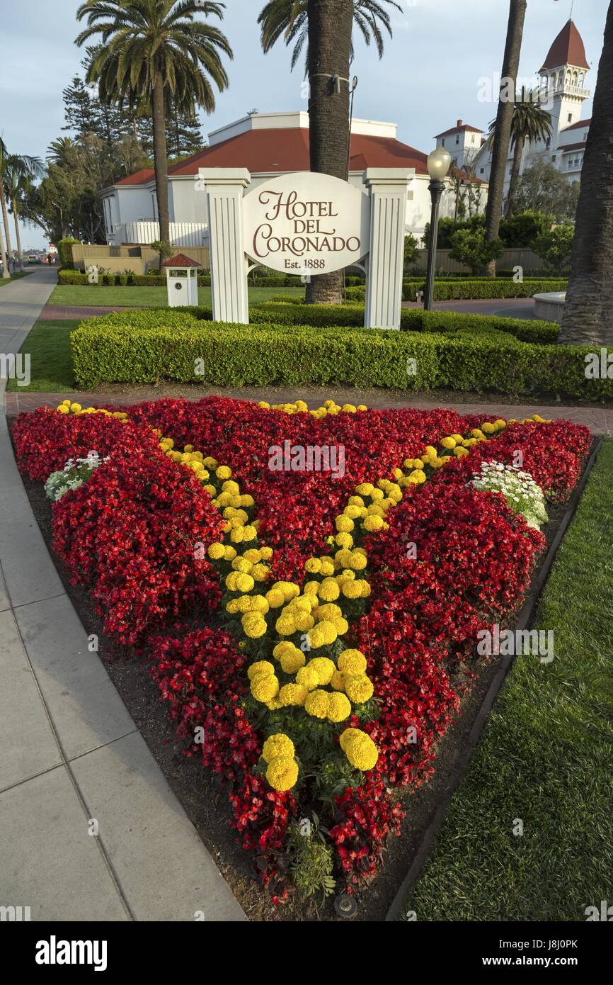 Garden in front of historic Hotel Del Coronado on Coronado Peninsula near San Diego California Stock Photo