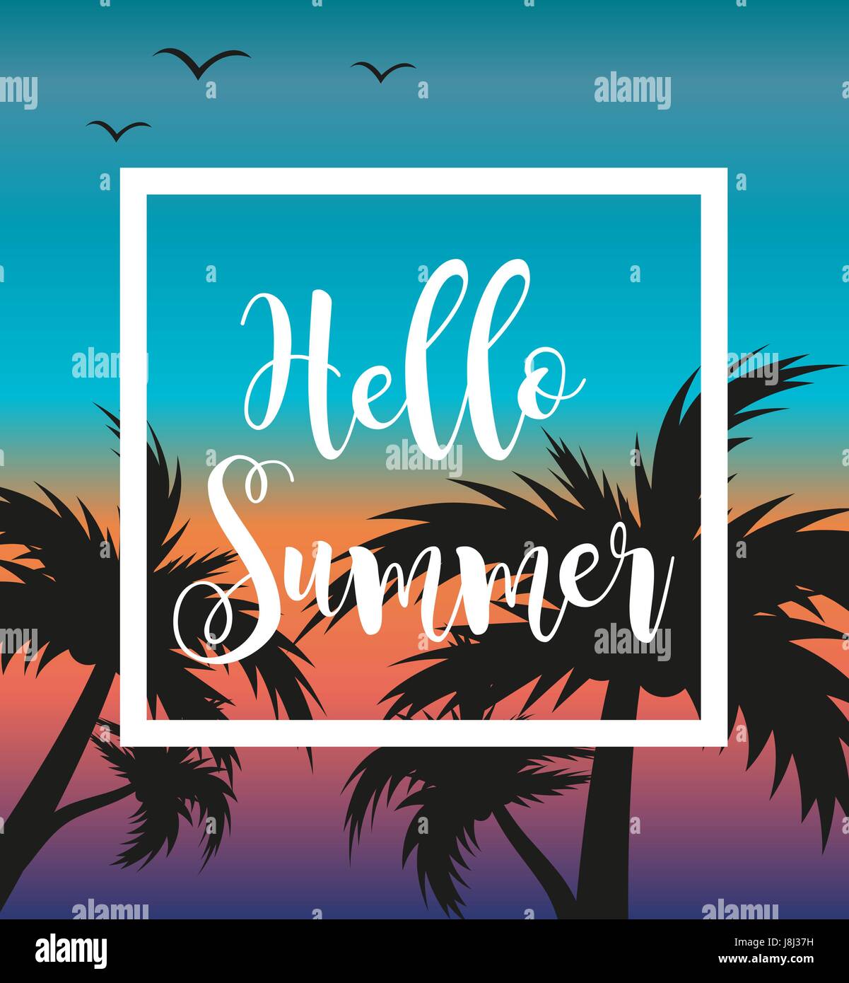 Hello summer template for poster in white frame on a background of sunset and palm trees. Beach concept, vacation, holiday by the sea. Vector illustration. Stock Vector