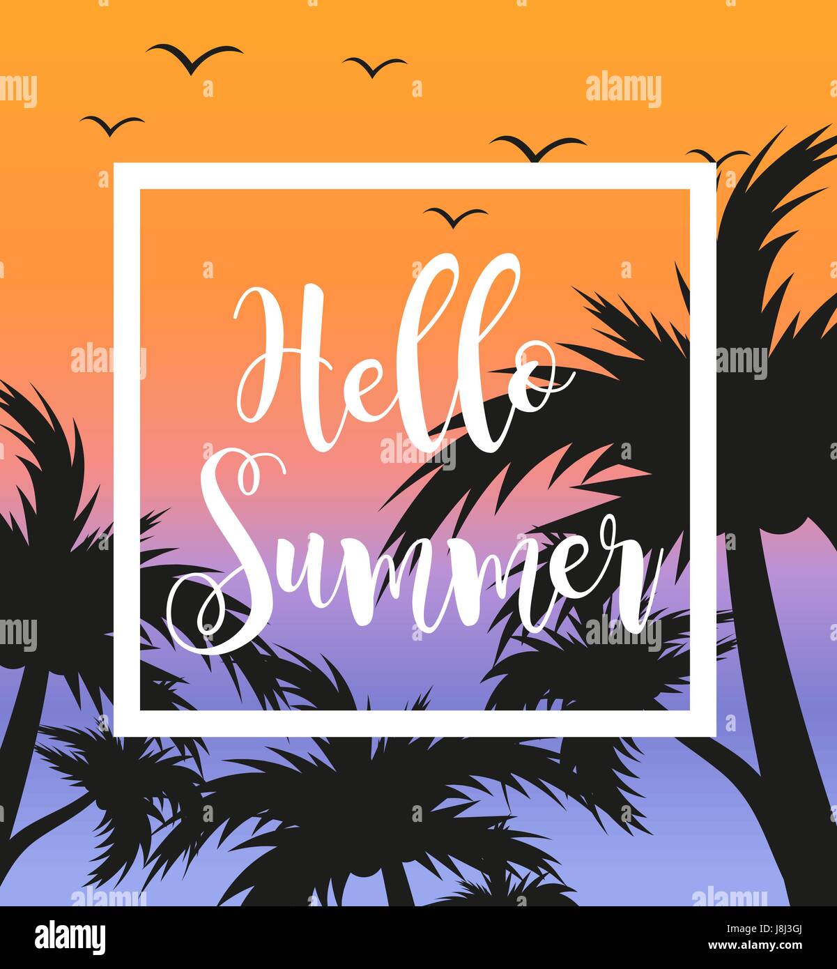 Hello summer template for poster in white frame on a background of sunset and palm trees. Beach concept, vacation, holiday by the sea. Vector illustration. Stock Vector