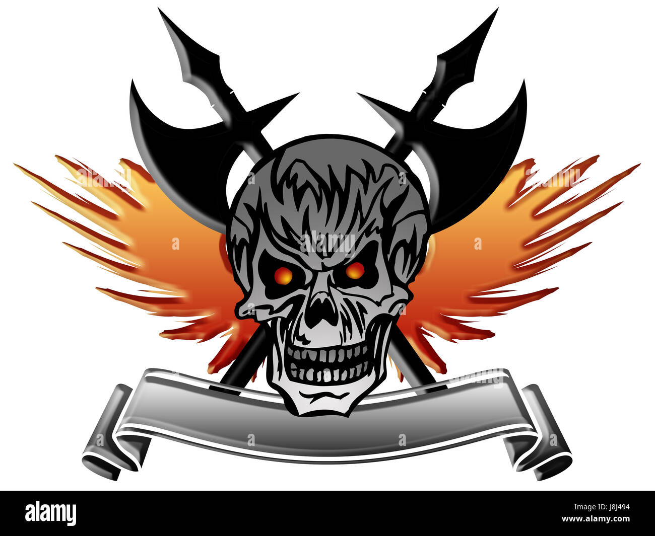 skull, scary, spooky, skeleton, banner, axe, wings, head, isolated, death, Stock Photo