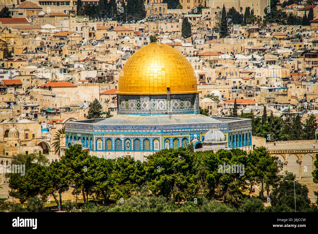 The Dome of the Rock or Al Aqsa mosque is an Islamic shrine located on the Temple Mount in the Old City of Jerusalem. Stock Photo