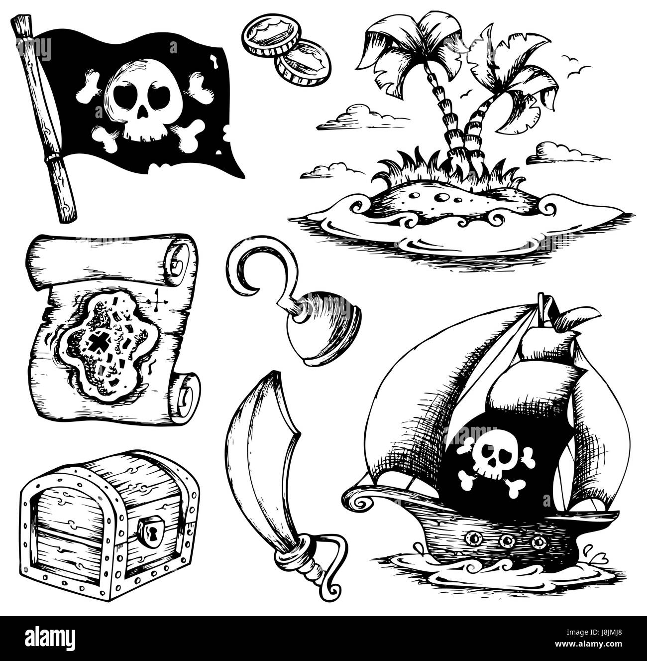 coin, flag, banner, island, palm, treasure, pirate, isle, danger, object, Stock Photo