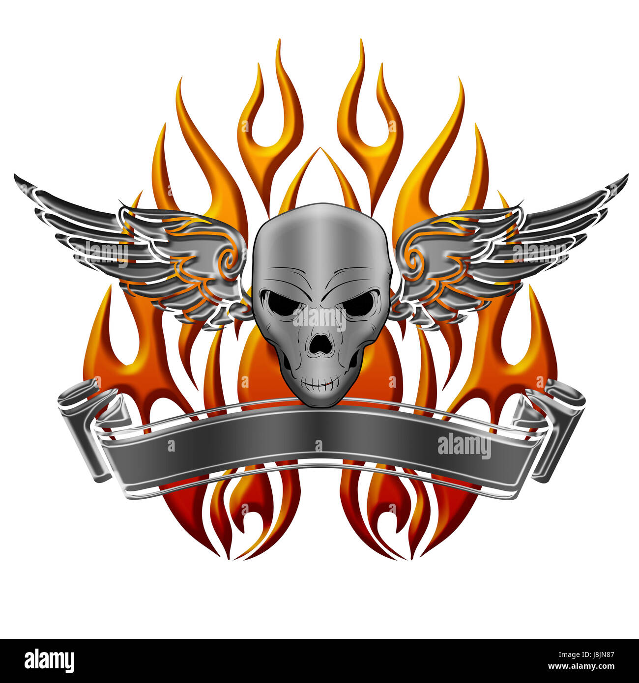 skull, fire, conflagration, flame, flames, banner, metallic, wings, tattoo, Stock Photo