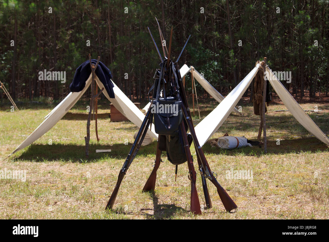 US civil war reenactment display of rifles and tents Memorial day Stock Photo