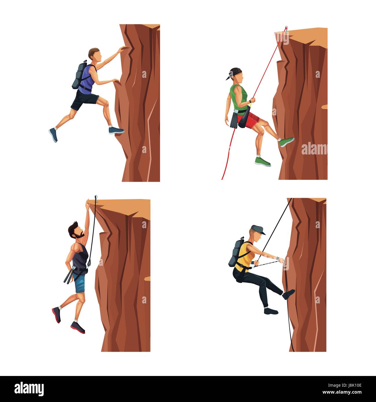 set scene men climbing on a rock mountain without equipment Stock