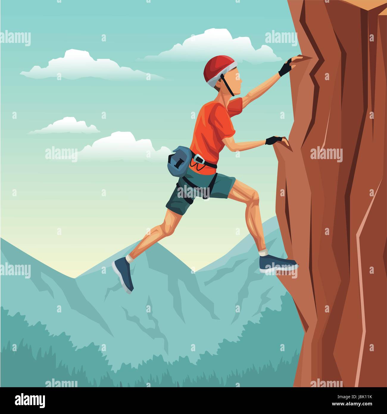 scene landscape man climbing rock mountain without equipment Stock