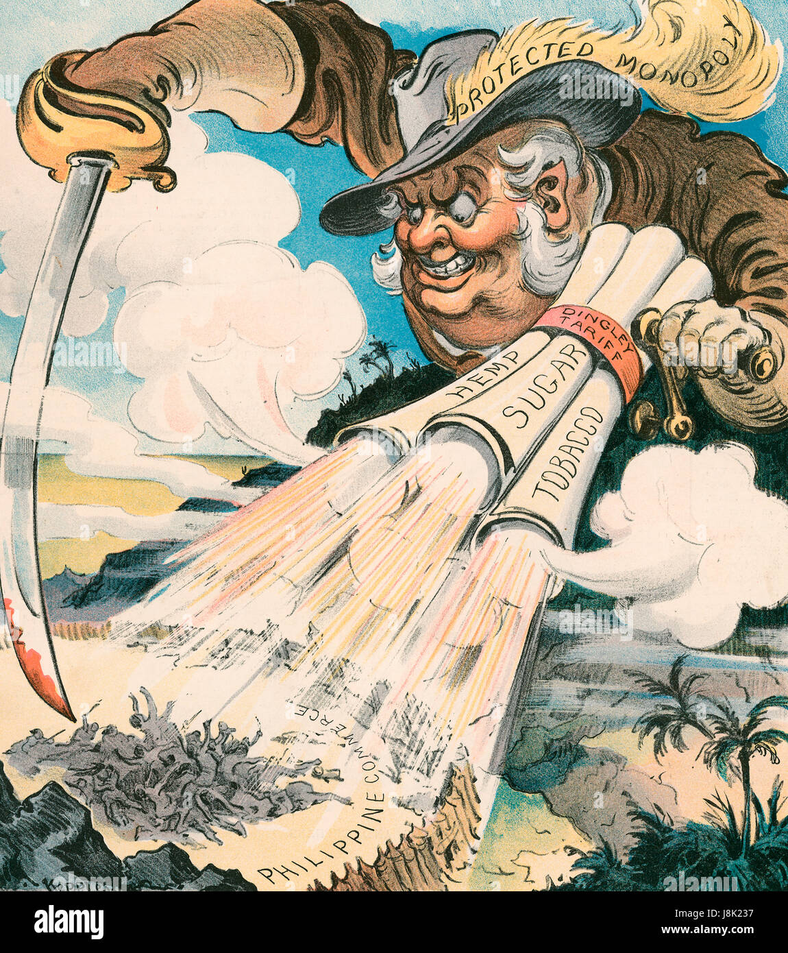 Upholding the honor of the American flag -  Illustration shows a mean, bloated figure labeled 'Protected Monopoly', dressed as a soldier, holding a large blood-tipped sword and firing a gatling gun labeled 'Dingley Tariff' with barrels labeled 'Hemp, Sugar, and Tobacco' slaughtering a group of Filipinos in a stockade labeled 'Philippine Commerce'. Political Cartoon, 1906 Stock Photo