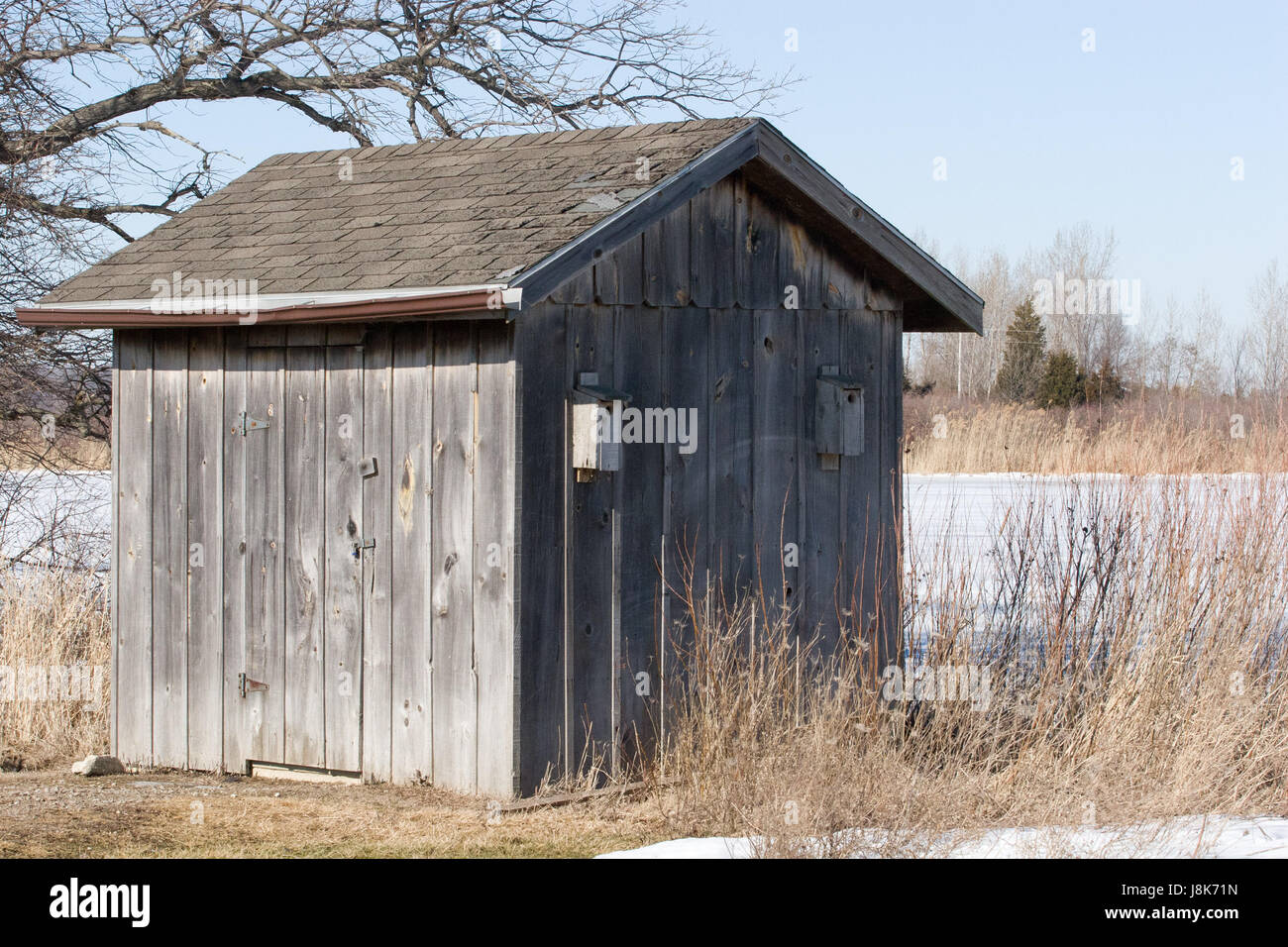 Winter Wood Cabin Old Weathered Shed Hut Blue House Stock