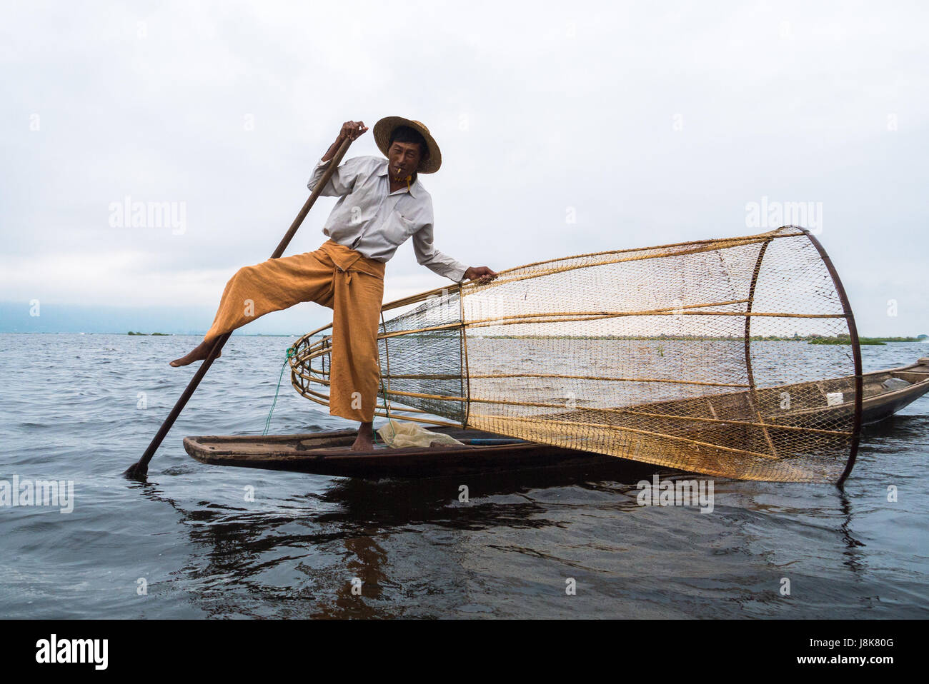 The one leg rower fisherman of Inle Lake, Myanmar. Stock Photo