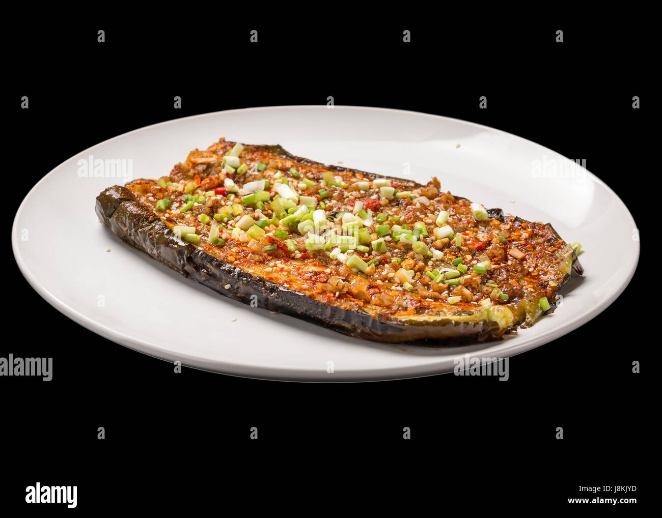 A Plate of Chinese BBQ on Black Background. Eggplant Stock Photo Alamy