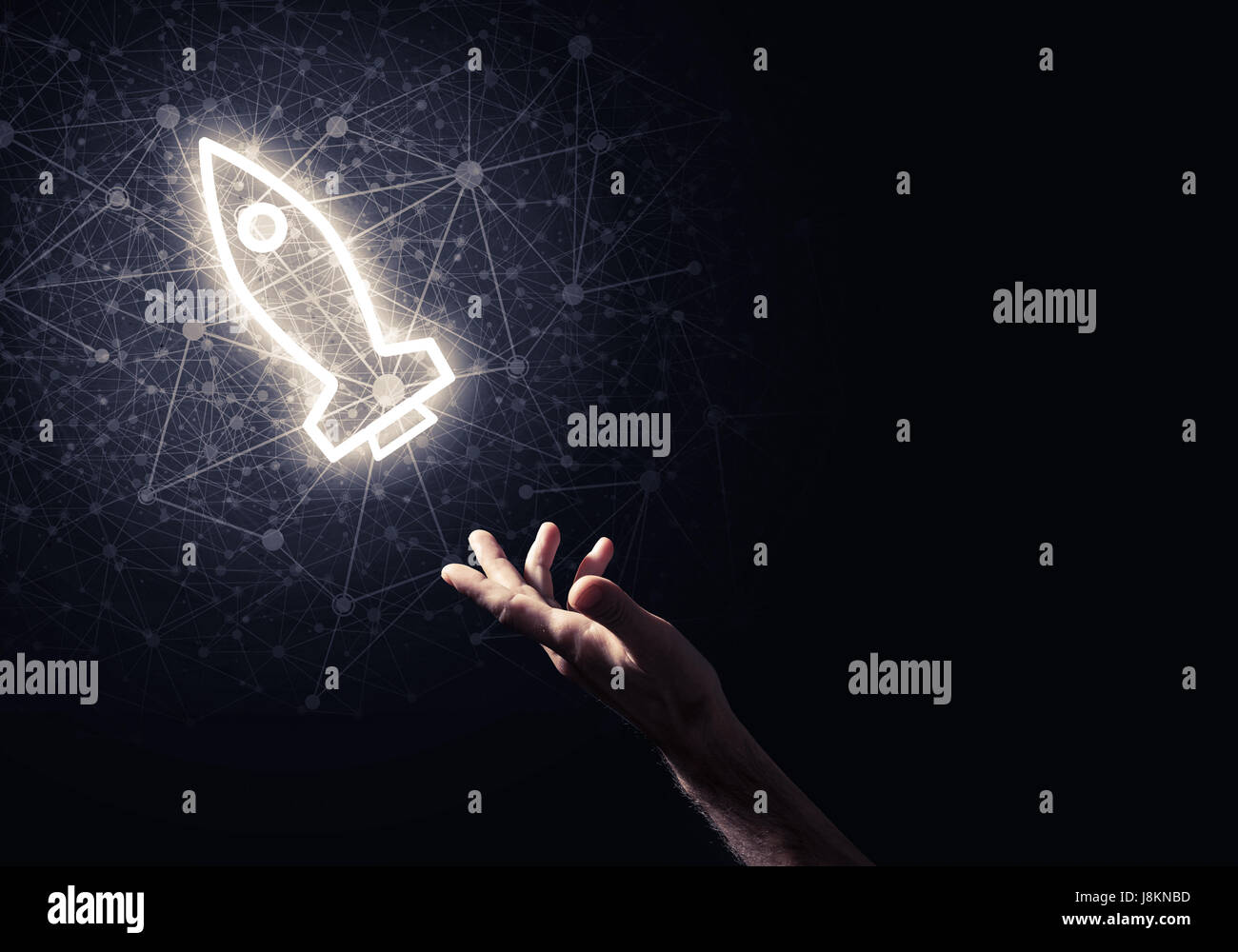 Man palm presenting Rocket web icon as technology concept Stock Photo ...