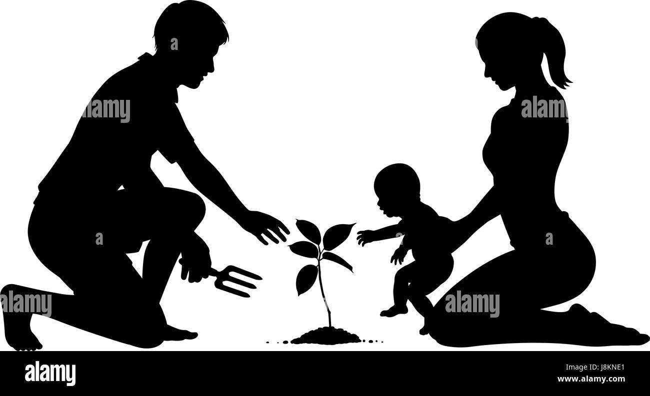 Editable vector silhouette of parents with a baby planting a tree for the future with figures as separate objects Stock Vector