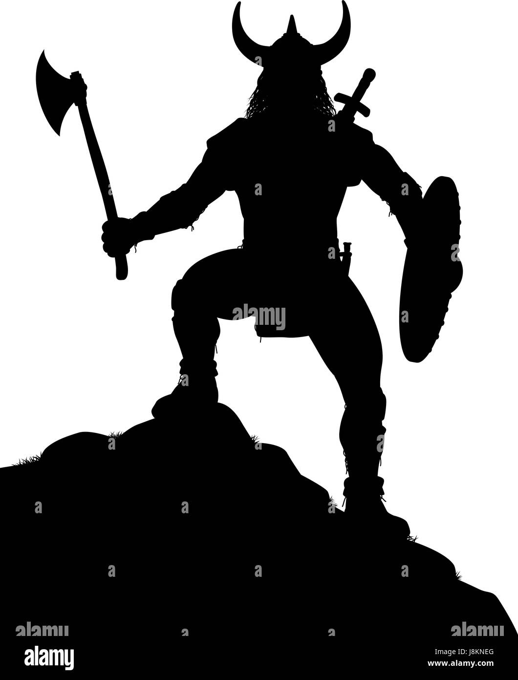 Editable vector silhouette of a viking warrior on a rocky outcrop with figure and weapons as separate objects Stock Vector